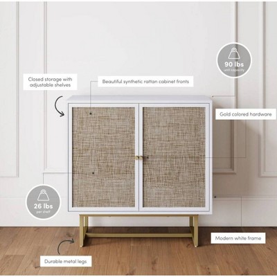 White and Natural Rattan Freestanding Cabinet with Adjustable Shelving