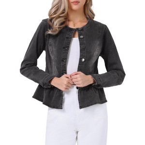 INSPIRE CHIC Women's Peplum Collarless Round Neck Button Down Cropped Ruffle Hem Denim Jackets - 1 of 4