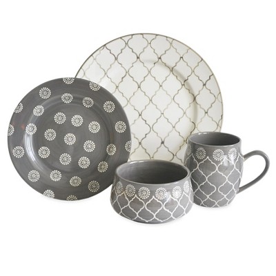 Baum Bros 16pc Stoneware Morocco Dinnerware Set Gray: Microwave & Dishwasher-Safe Dish Set for 4, Includes Plates & Mugs