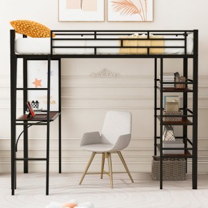 Twin Size Loft Metal Bed with 3 Layers of Shelves and Desk, Stylish Metal Frame Bed with Whiteboard - 1 of 4