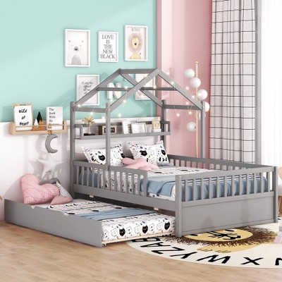 Full Size Wooden House Bed With Twin Size Trundle And Shelf Gray   GUEST 32ebbd47 6258 4212 83c1 F48ffae46291