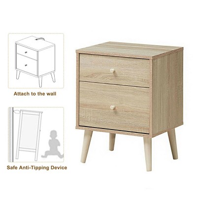 Oak Finish 2-Drawer Nightstand with Rubber Wood Legs
