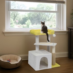 27.5in Cat Tree, Multi-level Cat Tower with Cat Scratching Post and Pad, Cozy Cat Condo, Padded Top Bed for Kittens and Indoor Cats, Yellow & White - 1 of 4