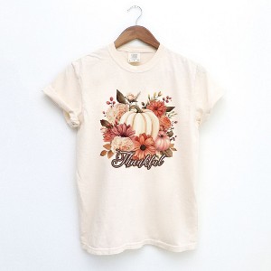 Simply Sage Market Women's Thankful Pumpkin Floral Short Sleeve Garment Dyed Tee - 1 of 4