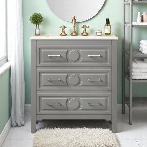 Mshliw 30 Inch Bathroom Vanity with Sink, Free Standing Single Vanity with Ceramic Basin, Solid Wood Frame and 3 Drawers - 1 of 4