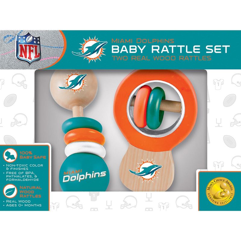Baby Fanatic Wood Rattle 2 Pack - NFL Miami Dolphins Baby Toy Set, 1 of 5