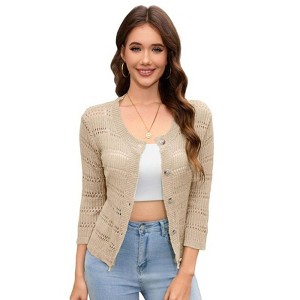 Coolmee Women's 3/4 Sleeve Crochet Knit Button Down Cardigan Cropped Shrug Bolero Lightweight Sweaters Tops - 1 of 4