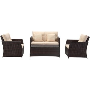Parry 4 Piece Living Set - Indoor/Outdoor - PAT2514 - Brown/Beige - Safavieh - 1 of 4