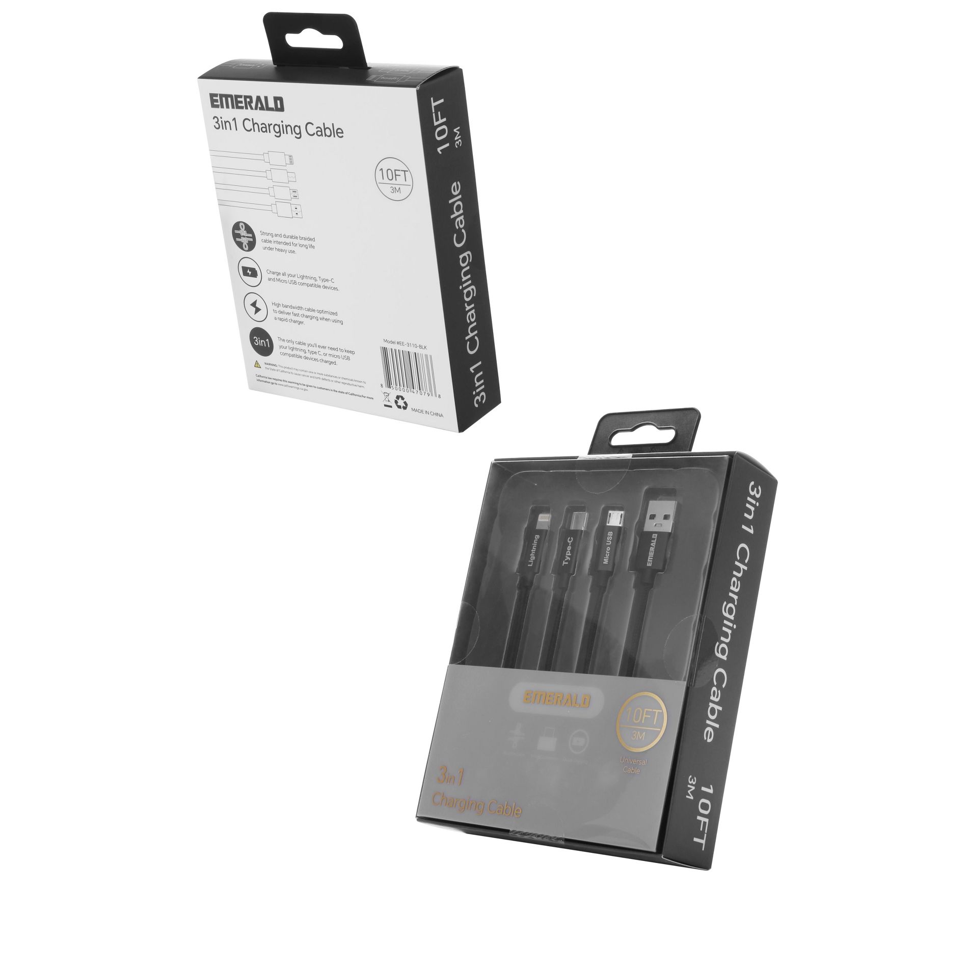 Emerald 10ft 3-in-1 Braided USB-A to Lightning, Type-C & Micro USB Fast Charging & Data Syncing Cable