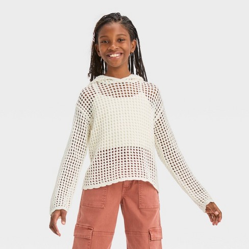 Girls' Open Knit Pullover Sweater - Art Class™ Off-white M : Target