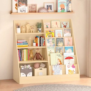 AENKYO 4-Tier Kids Bookshelf and Toy Storage Organizer Wooden Bookcase with Display Ledges & Storage Bin, Natural MDF - 1 of 4