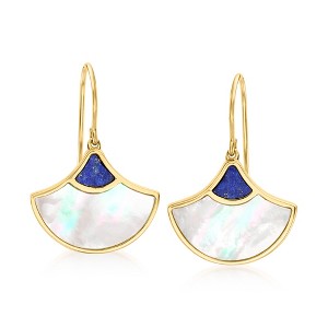 Ross-Simons Mother-Of-Pearl and Lapis Fan Drop Earrings in 18kt Gold Over Sterling - 1 of 3