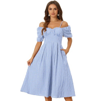Allegra K Women's Vintage Spaghetti Straps Off Shoulder Swing Gingham Dress