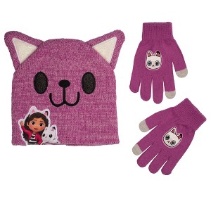 Gabbys Dollhouse  3D Beanie & Glove Set for Kids, Jacquad Knit with Embroidered Appliques, Pink - 1 of 3