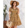 Women Plus Size V Neck Wrap Dress High Waist Short Sleeve Ruffle Casual Summer Midi Dress with Belt,yellow white,3XL - 3 of 4