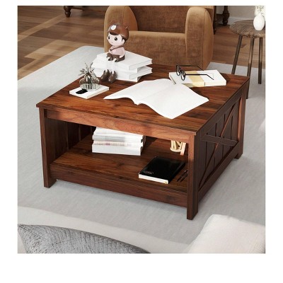 Farmhouse Square Coffee Table Cocktail Center Table with Bottom Shelf For Living Room Organizer Brown