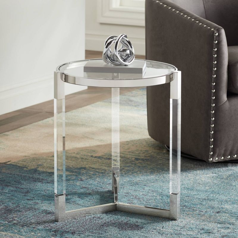 55 Downing Street Darla Modern Metal Round Accent Table 19" Wide Silver Glass Tabletop Clear Acrylic Frame for Living Room Bedroom Bedside Entryway, 2 of 10