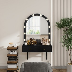 DOMETOUR Floating Makeup Vanity Desk with Mirror & 3-Color Lights, Wall Dressing Table with Power Outlet, Compact vanity, Large Storage, Black - 1 of 4