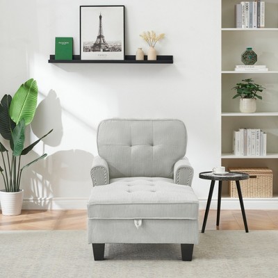 Corduroy Upholstered Indoor Sleeper Chaise Lounge Chair Bed with Storage, High-Density Foam, Throw Pillow and Rivet Detailing