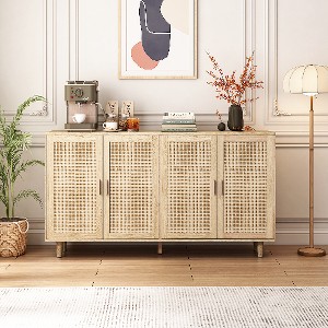 Lyngins Rattan Storage Cabinet with Adjustable Shelf, Versatile Kitchen Cabinet, 4-Door Sideboard Buffet Cabinet & Pantry Cabinet, Solid Wood Legs - 1 of 4