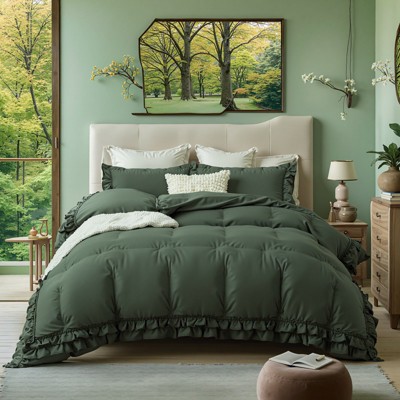 Cozy Cotton Comforter Set with Pillowcases – 100% Cotton Bedding with Double Ruffle Edge, Fluffy Lightweight All Season