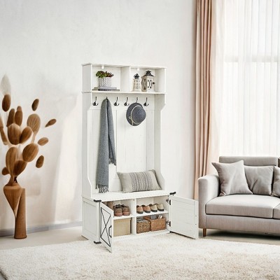 Hall Tree with Bench and Shoe Storage, Coat Rack with Shoe Bench, Shoe Cabinet, 2 Open Compartments, 6 Tri-Hooks, Entryway Rustic White