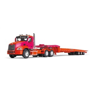 First Gear DCP 1/64 Orange & Fuchsia Mack Pinnacle w/ Talbert 5553TA Traveling-Axle Trailer 60-1648 - 1 of 4