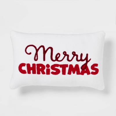 'Merry Christmas Embroidered' Plush Lumbar Christmas Throw Pillow Cream/Red - Wondershop™