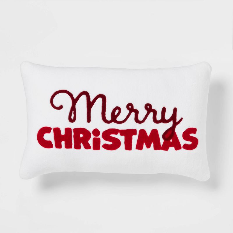 &#39;Merry Christmas Embroidered&#39; Plush Lumbar Christmas Throw Pillow Cream/Red - Wondershop&#8482;, 1 of 9