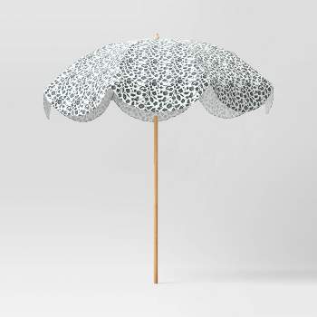 7.5'x7.5' Scalloped Floral Patio Market Umbrella Black/White - Light Wood Pole - Threshold™