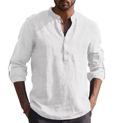 COOFANDY Men's Casual Beach Cotton Linen Henley T-Shirts White XXXL