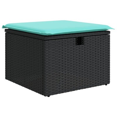 vidaXL Patio Stool with Outdoor Ottoman Storage, Black Poly Rattan, Blue Cushion, UV-Resistant, Waterproof Cover- 21.7"x21.7"x14.6"