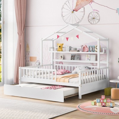 CAVINAS Twin/Full Size House Platform Bed with Storage Shelf & Under-Bed Trundle/Drawers,Wooden Bed Frame for Kids Room,Bedroom