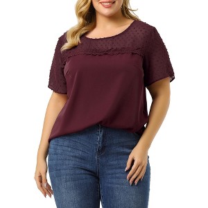 Agnes Orinda Women's Plus Size Contrast Panel Dots Lace Summer Short Sleeve Blouses - 1 of 4
