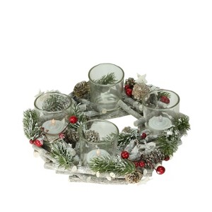 Northlight 10" Frosted Berries, Branches and Stars Christmas Wreath Votive Candle Holder Centerpiece - Brown/Green - 1 of 3