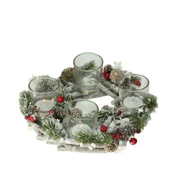 Northlight 10" Frosted Berries, Branches and Stars Christmas Wreath Votive Candle Holder Centerpiece - Brown/Green