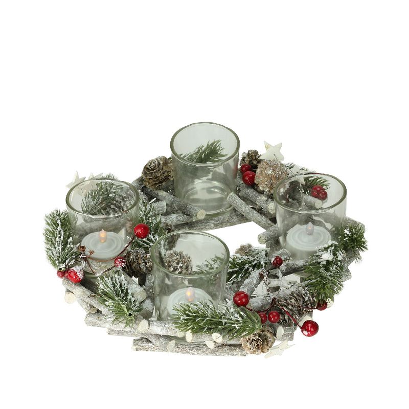 Northlight 10" Frosted Berries, Branches and Stars Christmas Wreath Votive Candle Holder Centerpiece - Brown/Green, 1 of 4