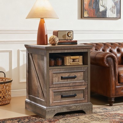 18" Farmhouse Nightstand with Charging Station, End Table with 2 Drawers Storage for Bedroom, Living Room