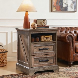 18" Farmhouse Nightstand with Charging Station, End Table with 2 Drawers Storage for Bedroom, Living Room - 1 of 4