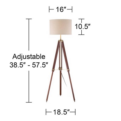 Adjustable Cherry Wood Tripod Floor Lamp with Beige Linen Shade