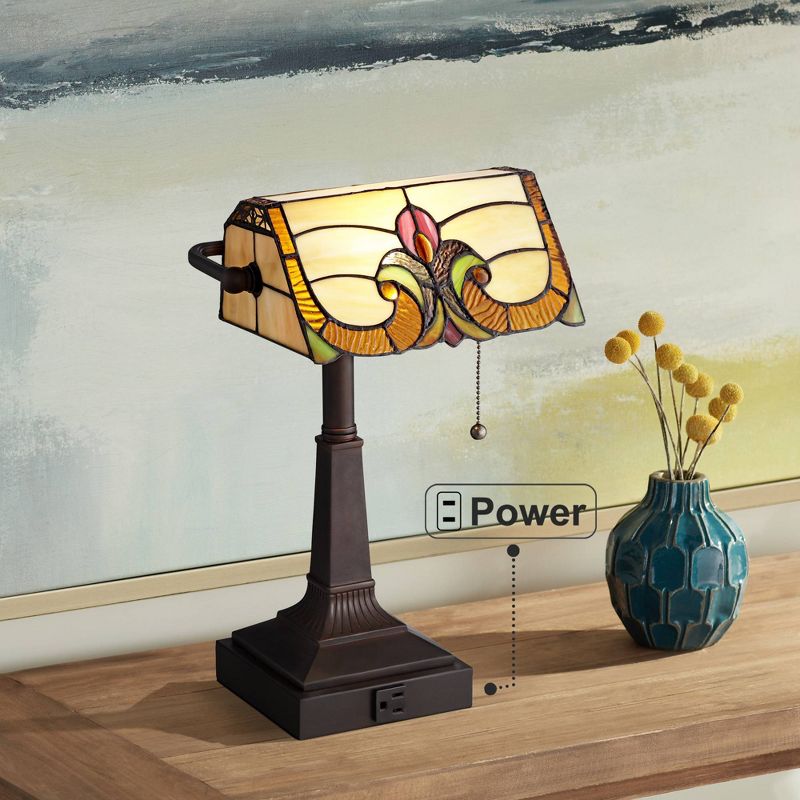Robert Louis Tiffany Traditional Piano Banker Desk Table Lamp 17" High with AC Power Outlet Bronze Floral Art Glass Bedroom Office, 2 of 10