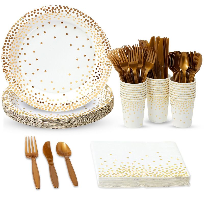 Juvale 144 Piece White and Gold Party Supplies with Plates, Napkins, Cups, Cutlery for Birthday, Wedding, Serves 24, 1 of 10