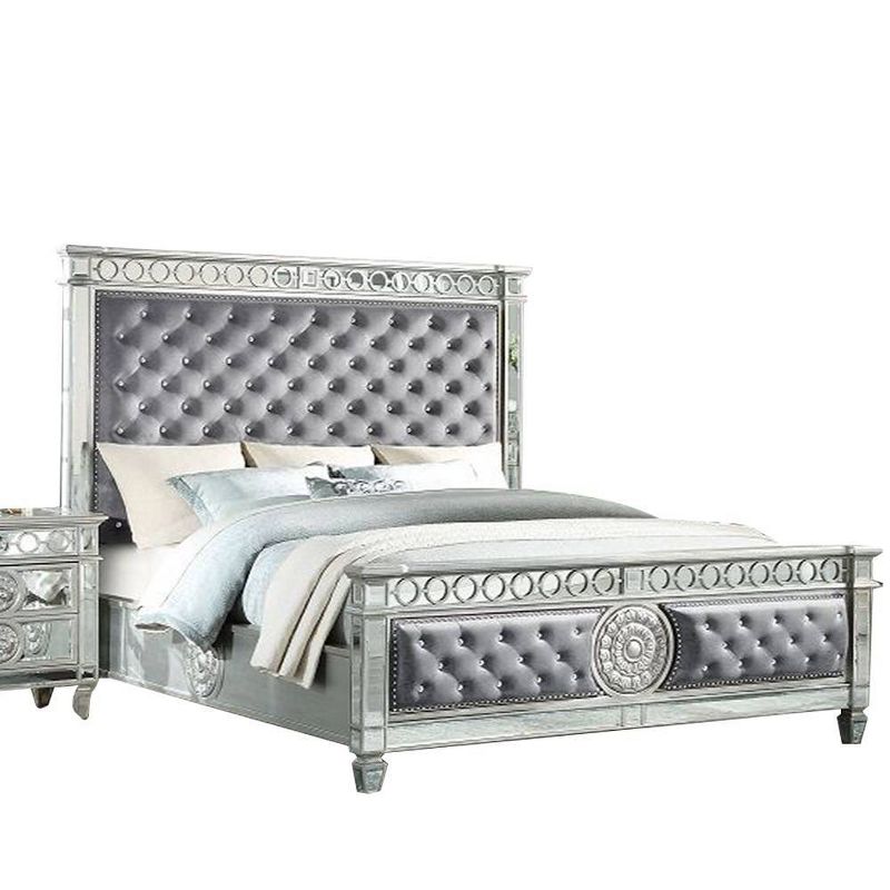 90&#34; Eastern King Bed Varian Bed Gray Velvet &#38; Mirrored - Acme Furniture, 4 of 7