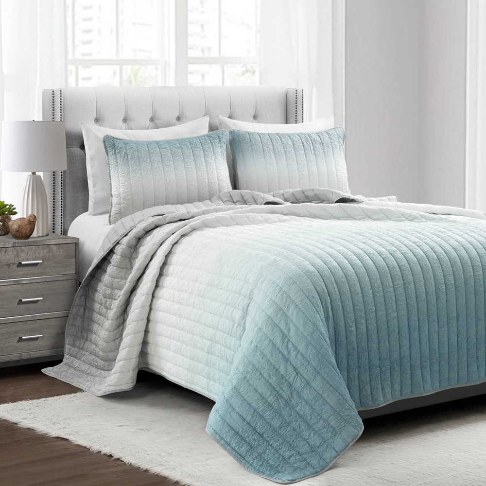 Photos - Duvet 3pc Full/Queen Crinkle Ombre Quilt Set Blue/Gray - Lush Décor