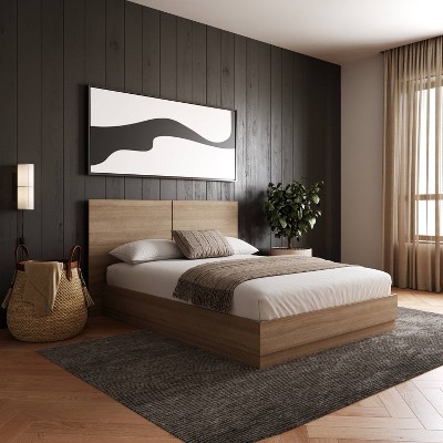 Queen Oak Wood Frame Upholstered Platform Bed with Headboard