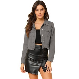 Allegra K Women's Solid Cropped Button-Down Plaid Cuffs Jean Jacket with Pockets - 1 of 4