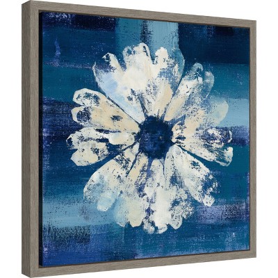 16 x 16 Blue and White Abstract Floral Canvas Print with Gray Frame