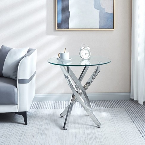 Modern Glass End Table, Round End Table With Tempered Glass Tabletop And Chrome Legs,round,silver,23.60" - image 1 of 4