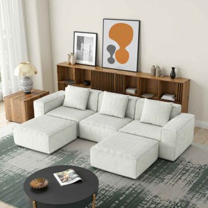 3-Seat Combo Modular Sofa for Living Room, Sectional Sofa with Ottoman, Sofa with Corduroy Fabric and Foam Filling-Baofuwish - 1 of 4