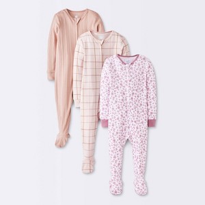 Baby Girls' 3pk Floral Tight Fit Sleep N' Play - Cloud Island™ Peach - 1 of 4